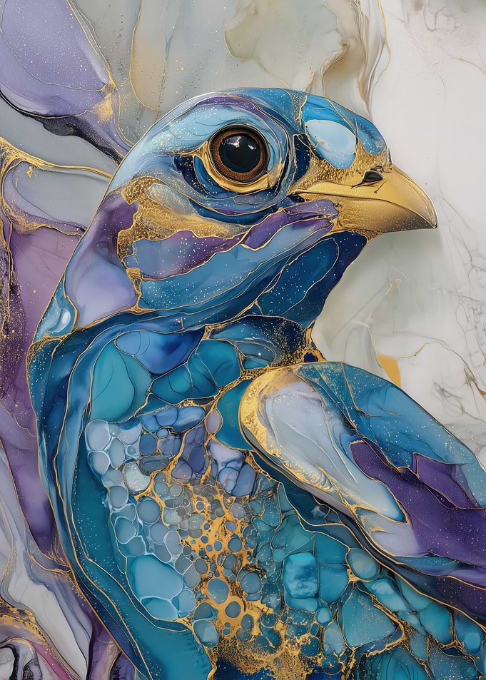Abstract Blue and Gold Bird Art