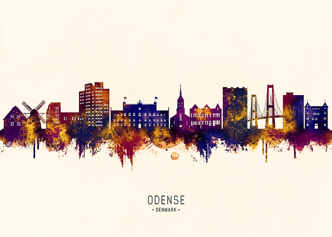 Odense, Denmark Skyline Watercolor
