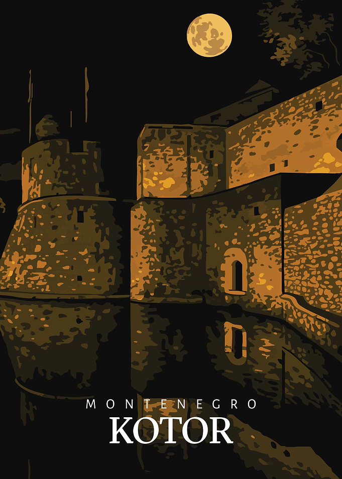 Kotor Montenegro Night Print: Old Town Fortress, Full Moon Reflection