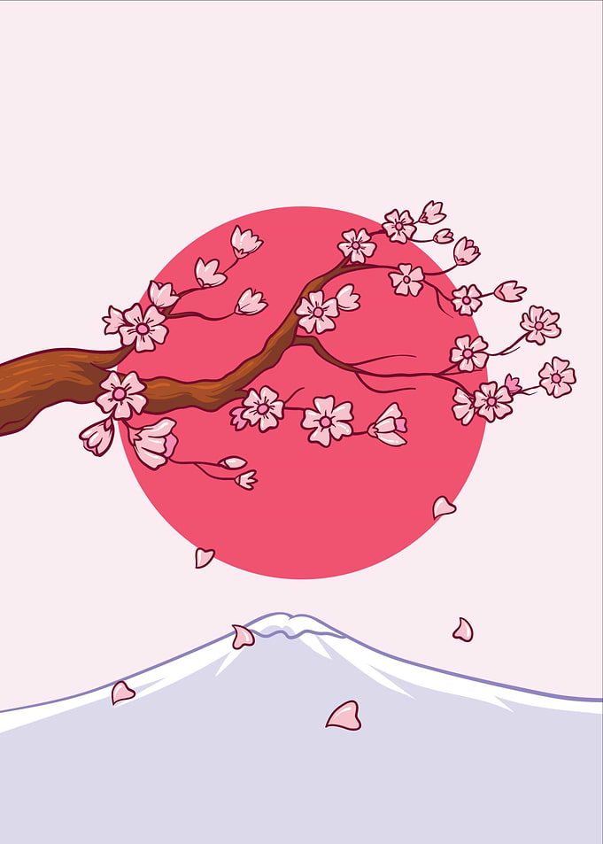 Cherry Blossoms and Mount Fuji Illustration