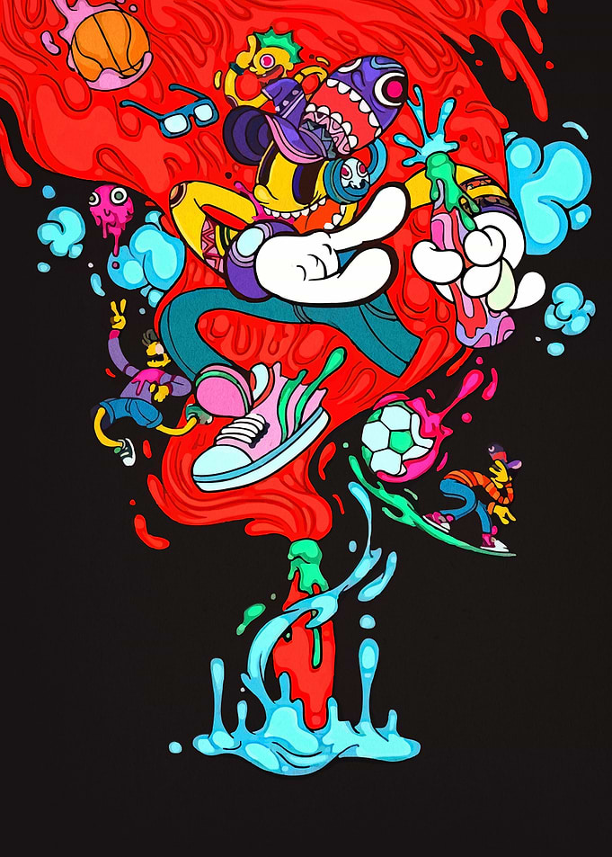 Vibrant Cartoon Character with Sports Elements