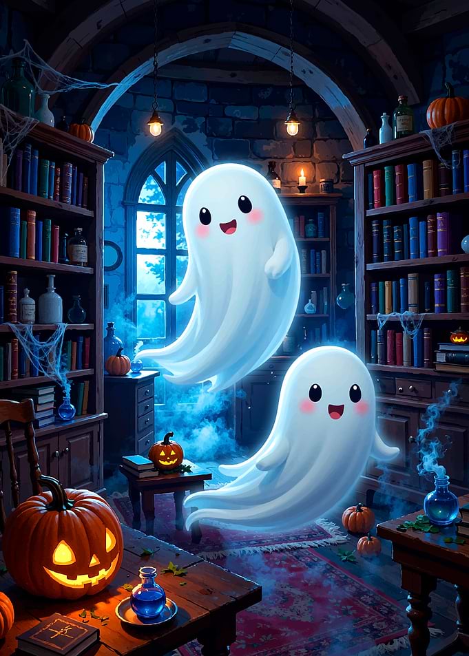 Cute Ghosts in Spooky Library