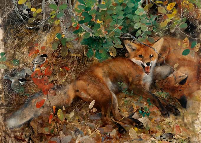 Foxes and Birds in Autumn Painting