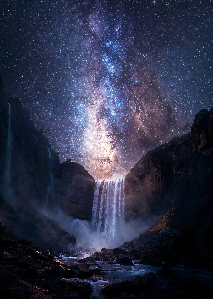 Waterfall under the Milky Way