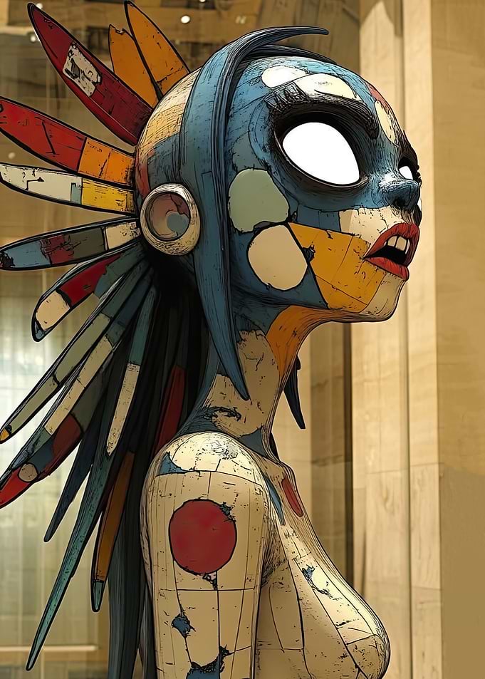 Abstract Aztec-Inspired Figure with Headdress