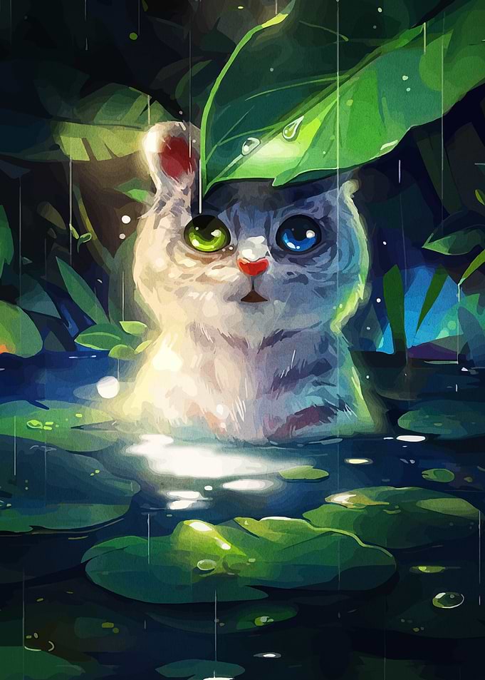 Heterochromatic Cat in Rain Digital Art