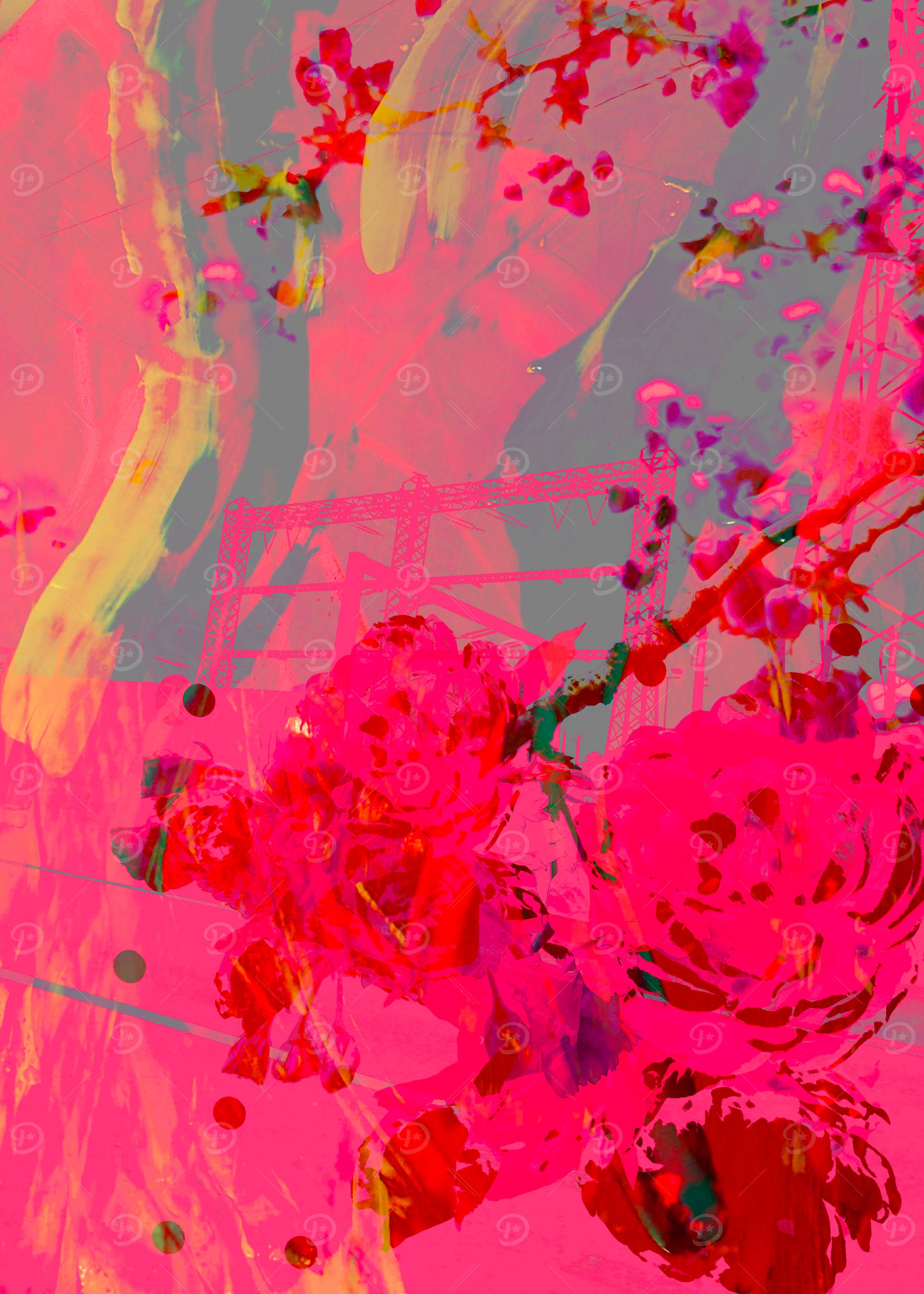 Abstract Floral Painting in Pink and Gray