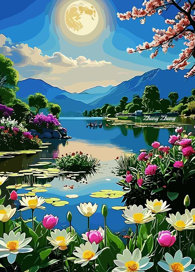 Floral Lake Landscape with Moon