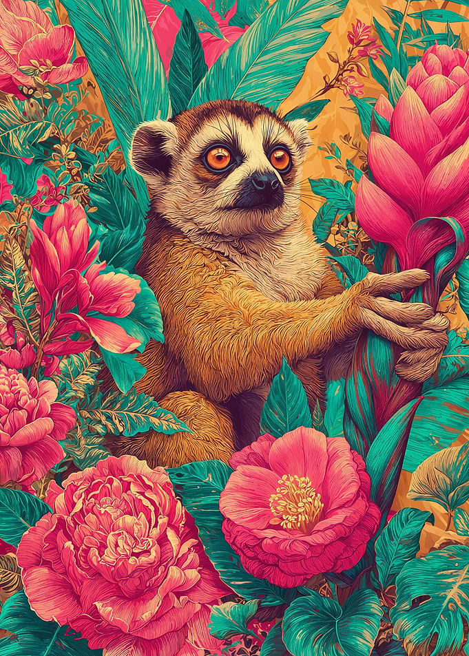 Lemur in Tropical Floral Paradise