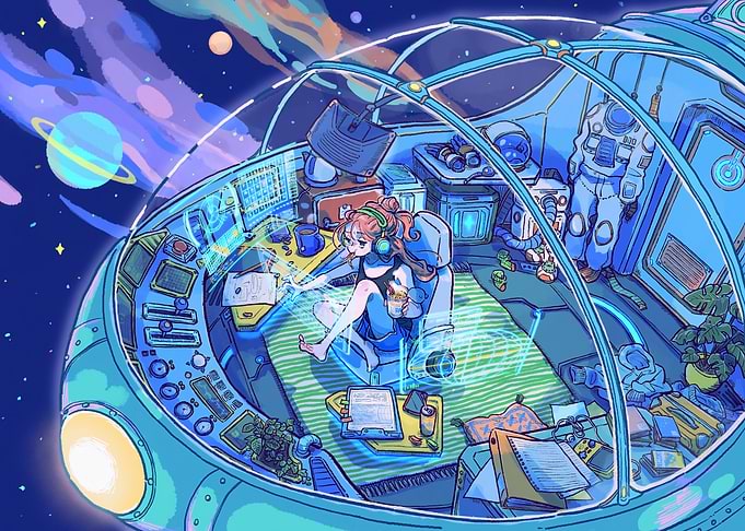Cozy Spaceship Interior with Girl