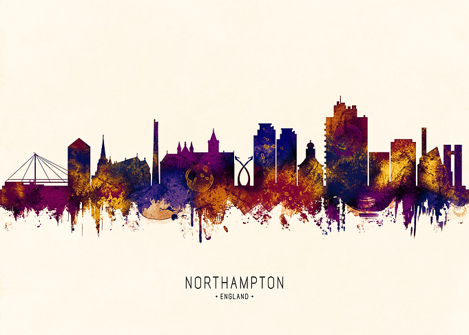 Northampton England Skyline Watercolor Art