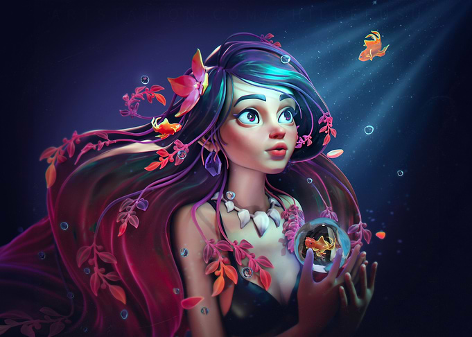 Stylized Girl with Fish and Flowers