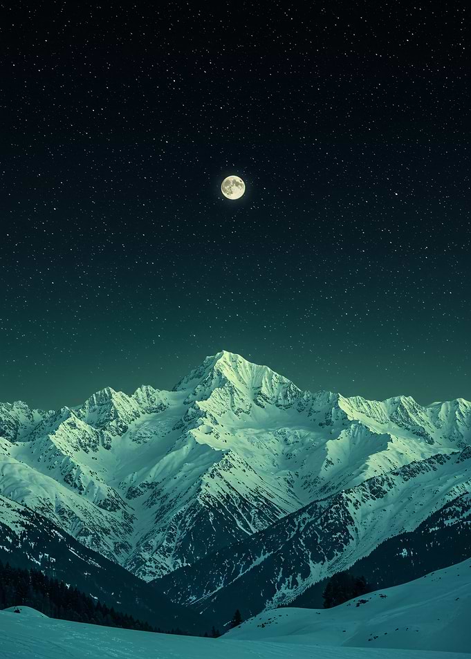 Snowy Mountains Under Starry Night Sky