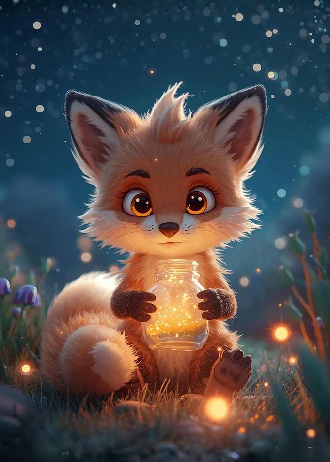 Cute Fox with Jar of Lights
