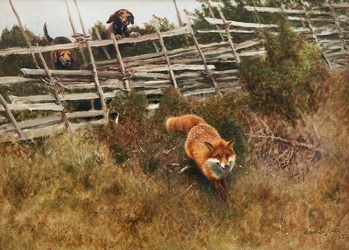 Fox Hunt Painting with Dogs and Fence