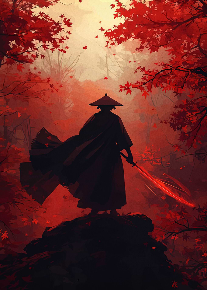 Samurai in Autumn Forest with Red Sword