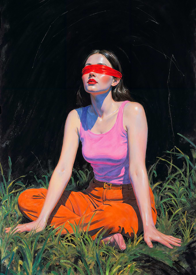 Blindfolded Woman in Nature Painting