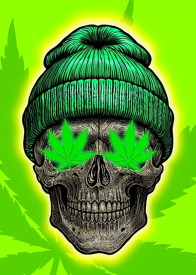 Skull with Beanie and Cannabis Eyes