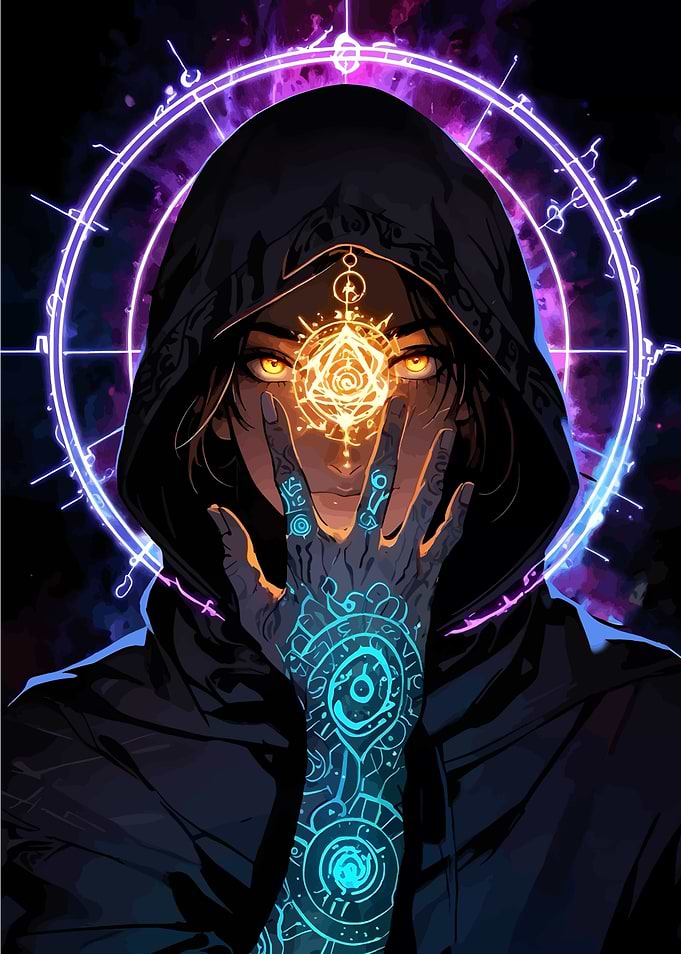 Mystic Hooded Figure with Glowing Symbols