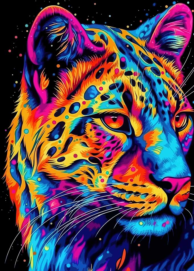 Colorful Leopard Portrait on Black Background