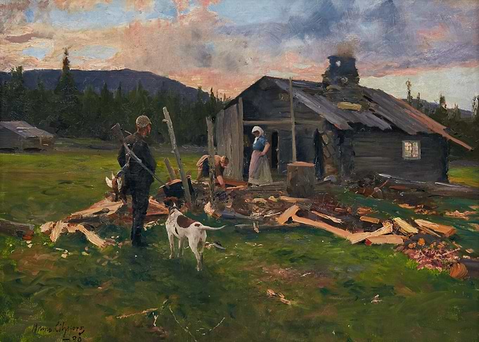 Rural Life Painting with Cabin and Figures