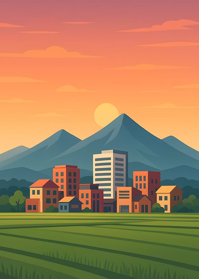 Cityscape with Mountains at Sunset