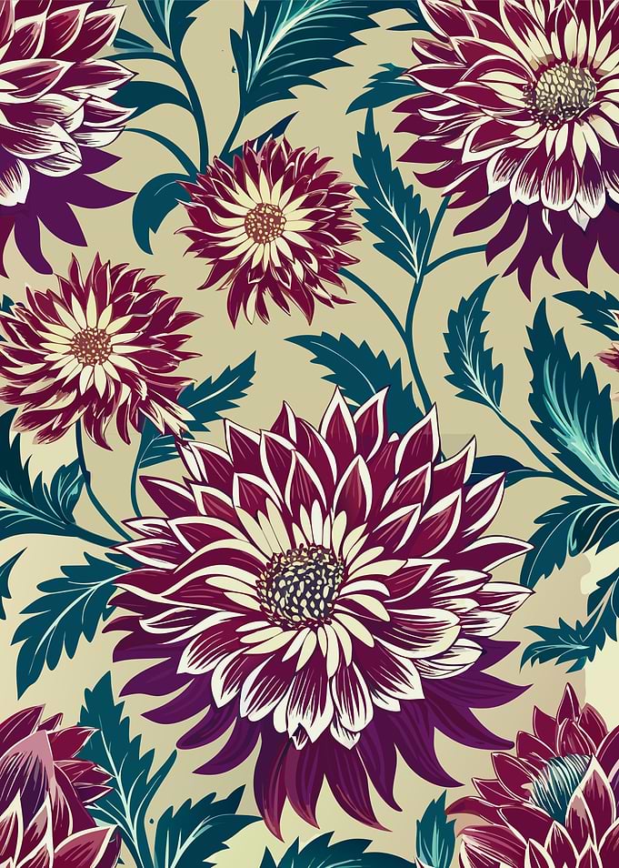 Floral Pattern with Burgundy Dahlias