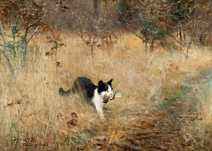 Cat with Bird in Mouth Painting