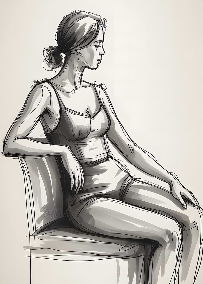 Seated Figure Sketch – Realistic Monochrome Line Drawing