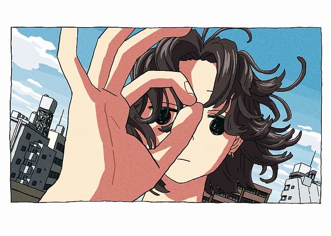 Anime Girl Framing Cityscape with Hand