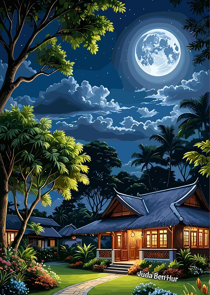 Tropical Night Landscape with Full Moon