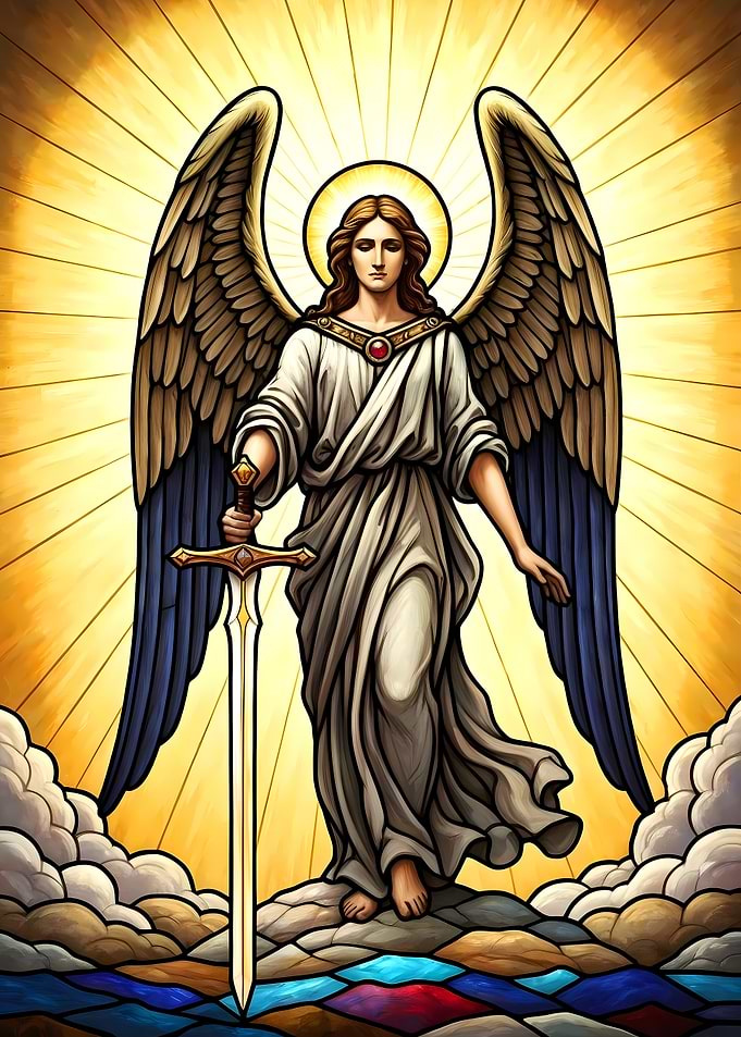 Angel with Sword in Stained Glass