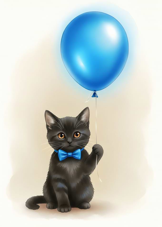 Black Kitten with Blue Balloon