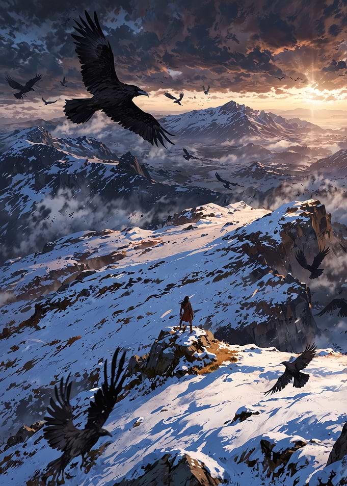 Mountain Vista with Ravens and Figure