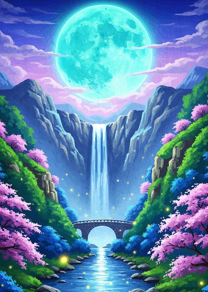 Fantasy Waterfall Landscape Moon
