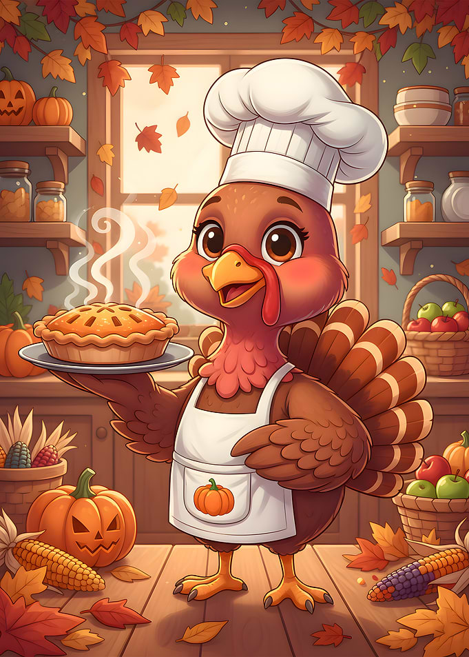 Thanksgiving Cartoon Turkey Chef with Pie