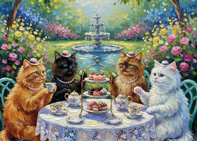 Cats Having Tea Party in Garden
