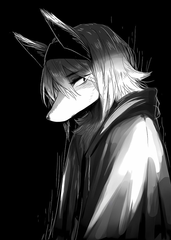 Monochrome Anime Wolf Character Portrait