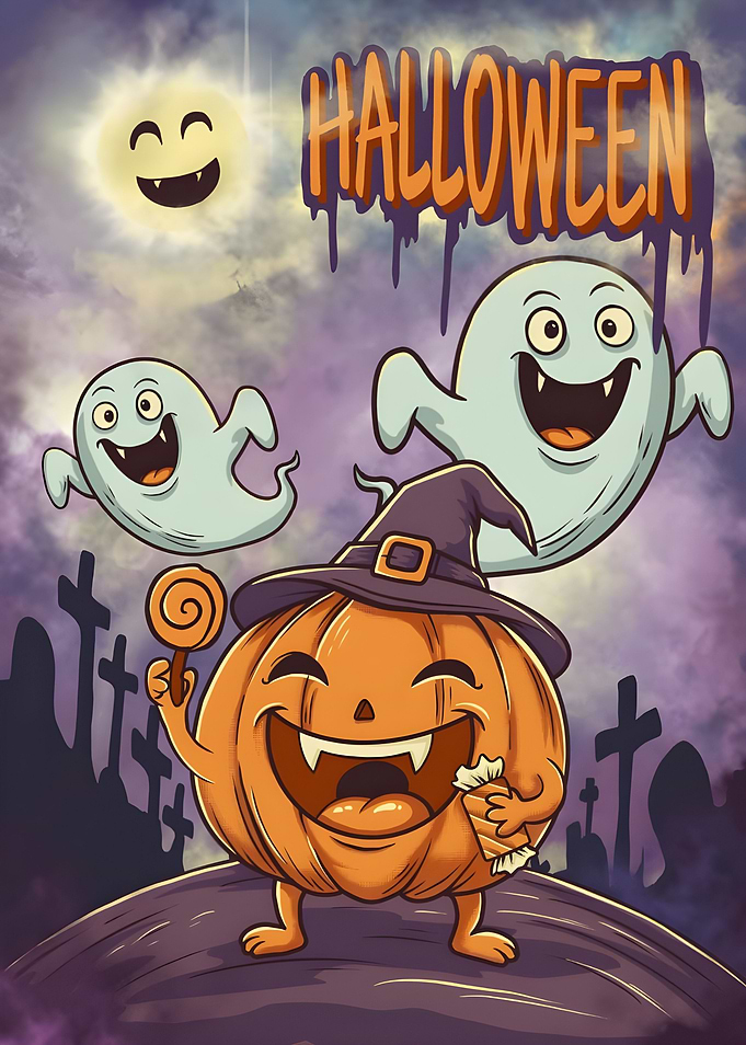 Cartoon Halloween Pumpkin with Ghosts