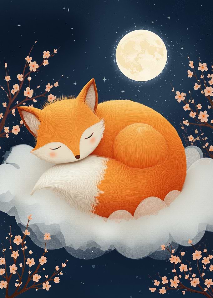 Sleeping Fox on Cloud with Moon