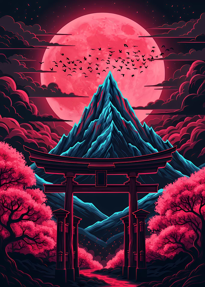 Japanese Landscape with Dark Neon Torii Gate