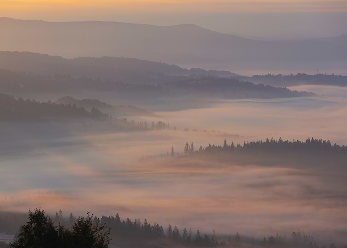 Misty Mountain Landscape at Sunrise, Beskid, Poland