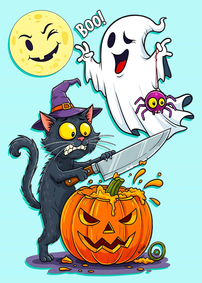 Halloween Cartoon: Cat, Ghost, and Pumpkin