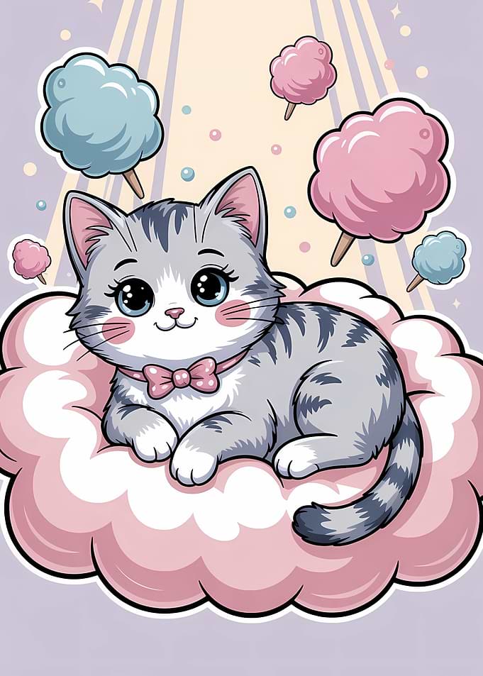 Cute Cartoon Cat with Cotton Candy