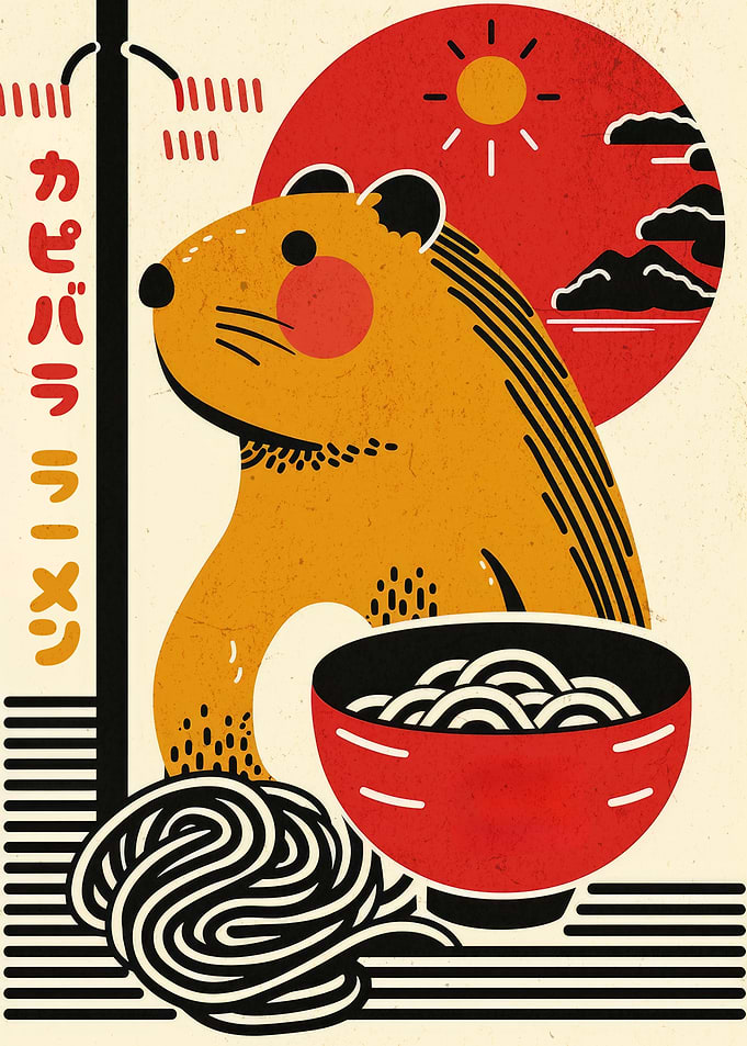 Capybara Ramen Retro Japanese Woodblock Art