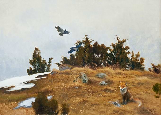 Fox and Crows in Winter Landscape