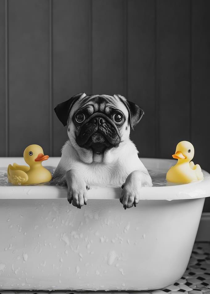 Pug in Bathtub with Rubber Ducks Funny Bathroom Poster