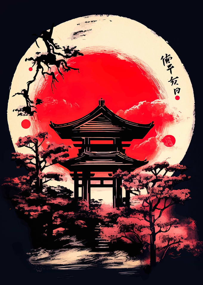 Japanese Temple with Red Sun