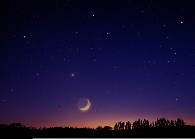 Crescent Moon and Starry Night Sky