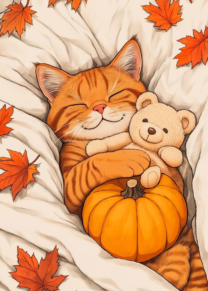 Autumn Cat Nap with Teddy Bear